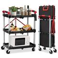 WhizMax Folding Service Cart Tool Carts with Wheels 3 Tier Utility Rolling Cart Collapsible Storage Cart for Home Garage Restaurant Office Kitchen Warehouse No Assembly