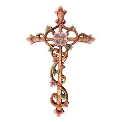 Floral Faith,'Artisan Crafted Suar Wood Cross Relief Panel'