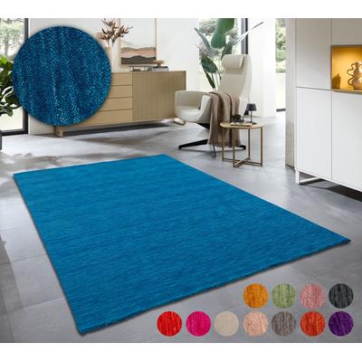 Wollteppich THEKO "Holi", blau, B:140cm H:13mm L:200cm, Schurwolle, Teppiche, Uni-Farben, leicht meliert, reine Wolle, handgewebt mit Knüpfoptik Image
