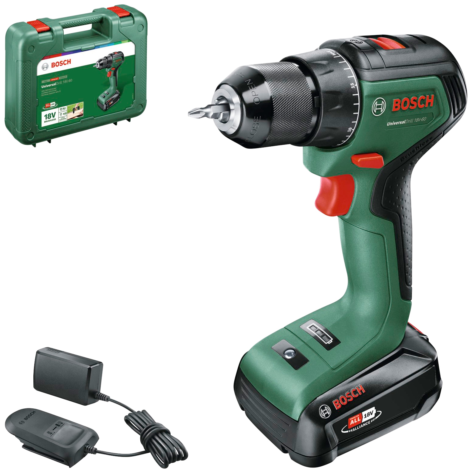 Akku-Bohrschrauber BOSCH HOME & GARDEN "UniversalDrill 18V-60", grün, B:101mm H:291mm L:386mm, Bohrmaschinen, Inkl. Koffer, mit Akku 18V/2Ah und Ladegerät