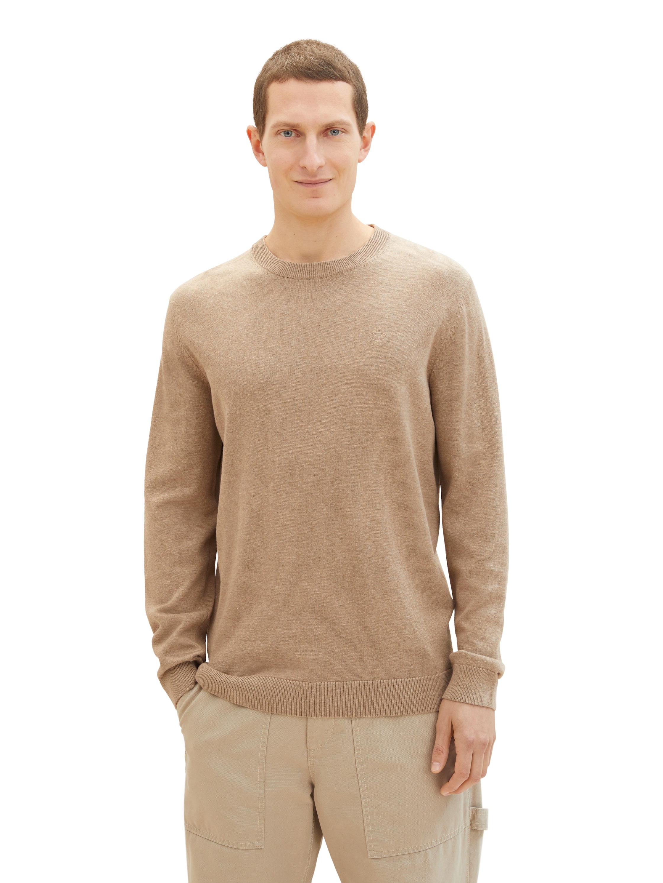 Rundhalspullover TOM TAILOR, Damen, Gr. M, beige (beige meliert), Strick, Obermaterial: 100% Baumwolle, meliert, regular fit hüftbedeckend, Rundhals, Bündchen, Pullover Rundhalspullover, mit Logostickerei