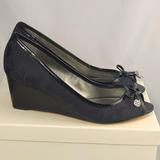 Coach Shoes | Coach Paola Ii Black Peep Toe Wedge Heels Pumps Womens Size 7.5 Bow C Pattern | Color: Black | Size: 7.5