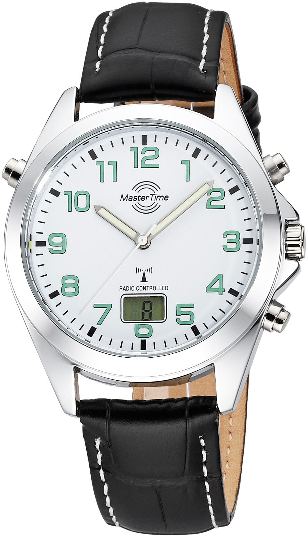 Funkuhr MASTER TIME "Specialist", schwarz, Armbanduhren, Herren, Armbanduhr, Quarzuhr, Herrenuhr, Datum, Leuchtzeiger, Lederarmband Image