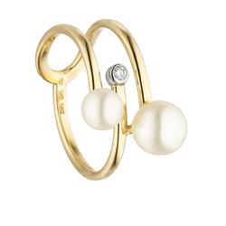 Perlenring JOBO "Ring mit 2 Perlen und Diamant" Fingerringe Gr. 58, SI = kleine Einschlüsse, Gelbgold 585-Diamanten-Perlen, gelb (gelbgold 585) Damen Diamantringe