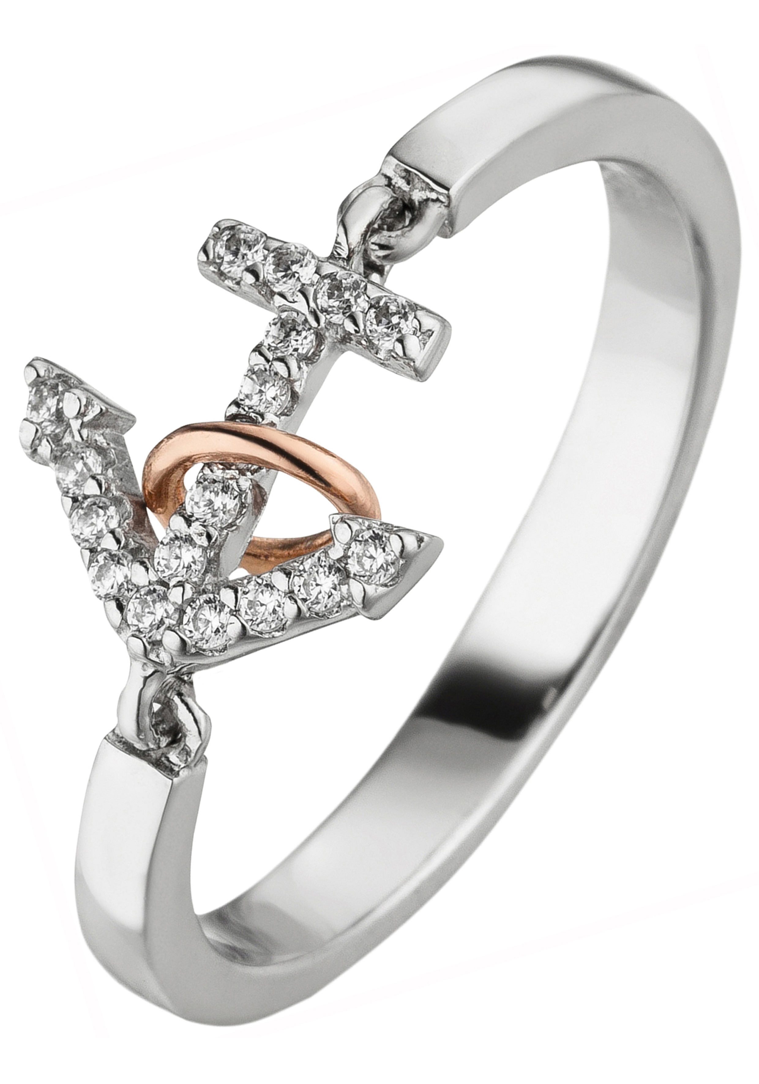 Fingerring JOBO "Anker" Gr. 50, silber (silber 925), Fingerringe, Damen, 50, Silber 925 (Sterlingsilber), Fingerring, 925 Silber mit 18 Zirkonia Image