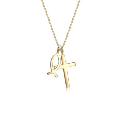 Kette mit Anhänger ELLI "Kreuz Fisch Symbol Religion 925 Silber" Gr. 45, gold, Halsketten, Damen, 45, ohne Stein, Silber 925 (Sterlingsilber), L: 45cm Image