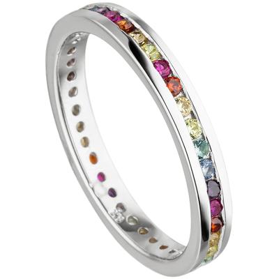 Fingerring JOBO "Ring mit 35 bunten Zirkonia rundum" Gr. 60, silber (silber 925, mehrfarbig), Fingerringe, Damen, 60, Silber 925 (Sterlingsilber), 925 Silber Image