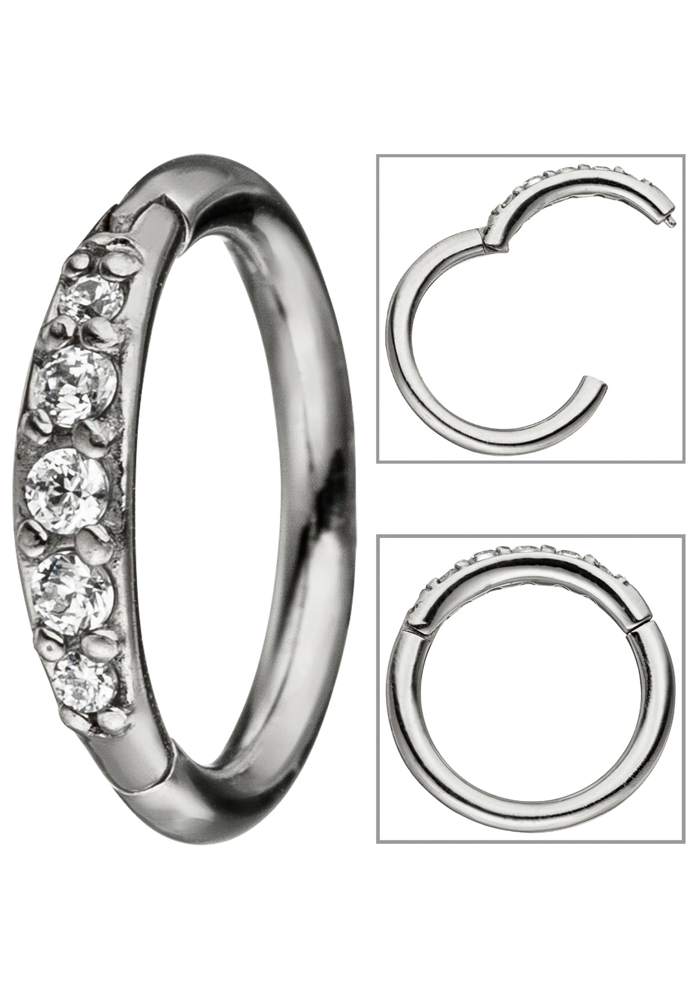 Nasenpiercing JOBO, silber (edelstahlfarben), Piercings, Edelstahl, Segmentring Edelstahl mit Kristallsteinen