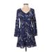 Ann Taylor LOFT Casual Dress - A-Line V-Neck Long sleeves: Blue Print Dresses - Women's Size 2 Petite