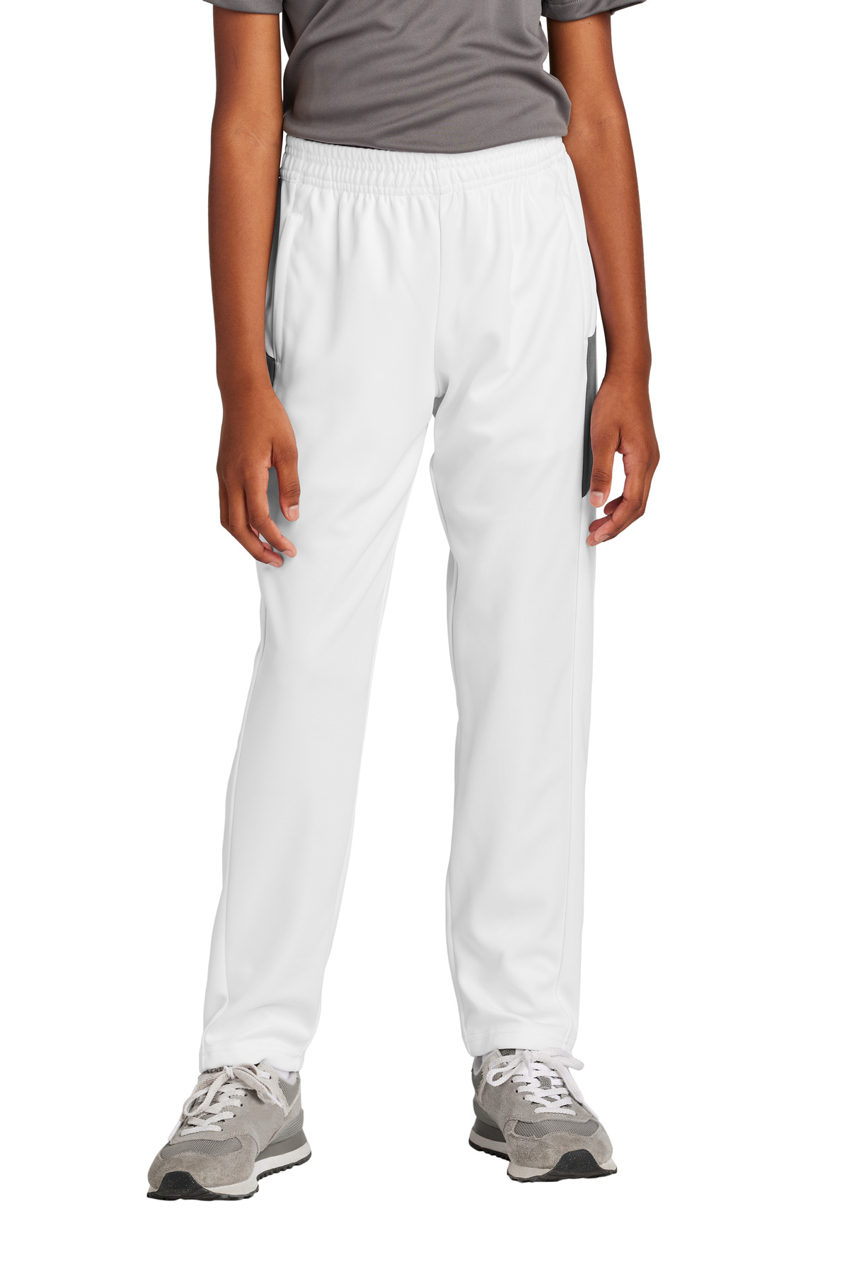 Sport-Tek YPST800 Youth Travel Pant in White/Iron Grey size XS | Polyester