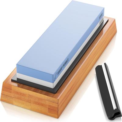 Premium Whetstone Knife Sharpening Stone 2 Side Grit 1000/6000 Waterstone NonSlip Bamboo Base & Angle Guide - Blue