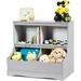 HOOMHIBIU 4-Cubby Bookcase with Footboard Name Card Multi-Bin Children s Toys and Organizer Book Display Wooden Toy Box Chest Cabinet for Room Playroom Bedroom Nursery (Gray)