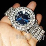 Men s Iced Lab Diamond Metal Band Dress Blue Dial wrist Luxury Rapper s Watch