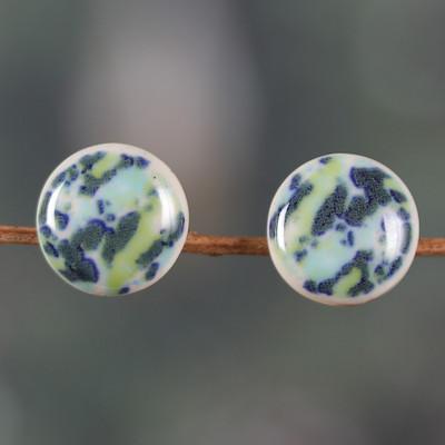 Sea Beauty,'Hand-Painted Colorful Ceramic Button Earrings from India'