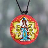 'Painted Meditation-Themed Round Ceramic Pendant Necklace'