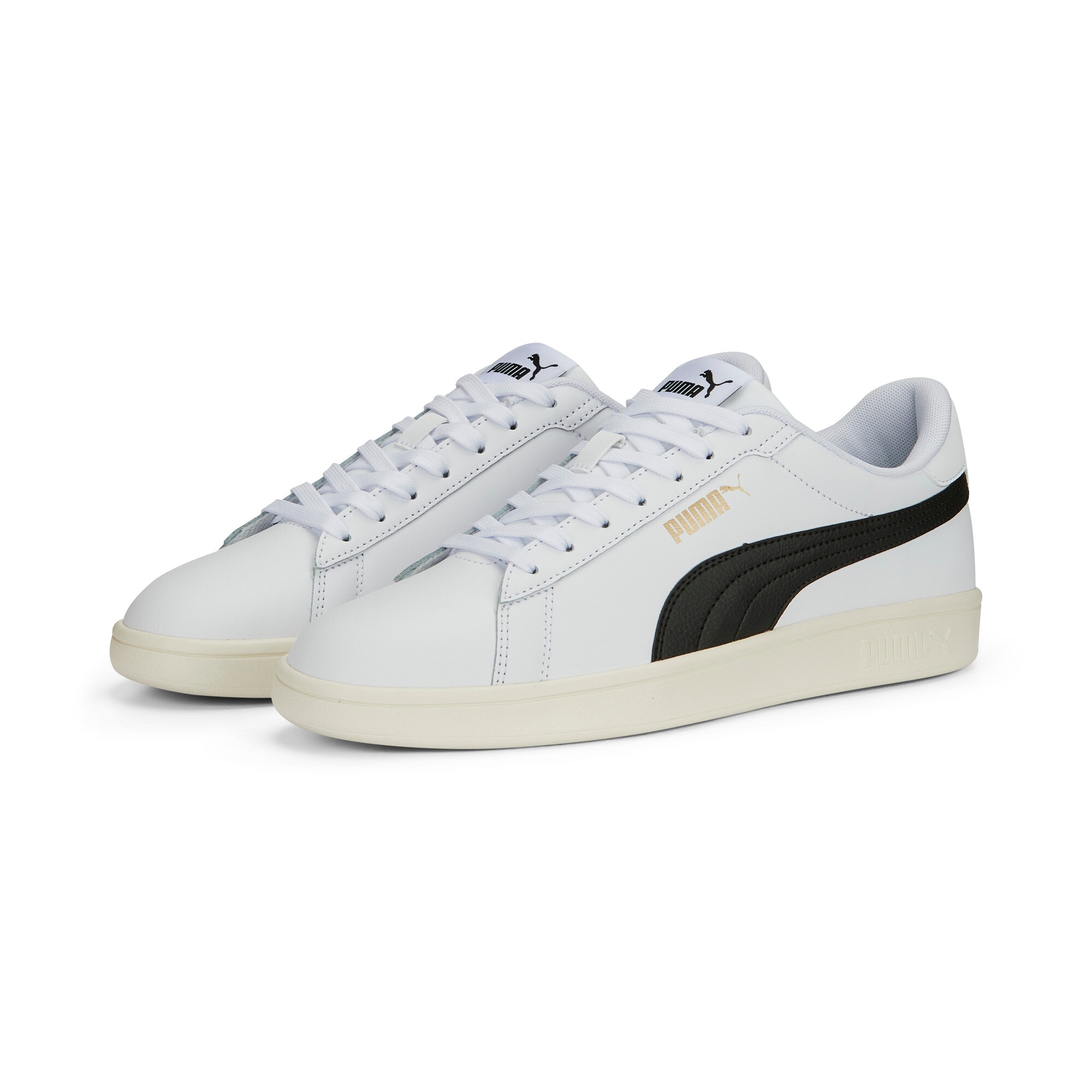 Sneaker PUMA "SMASH 3.0 L", Damen, Gr. 44,5, schwarz-weiß (puma weiß, puma schwarz, puma gold, frosted ivory), unifarben, Schuhe Sneaker
