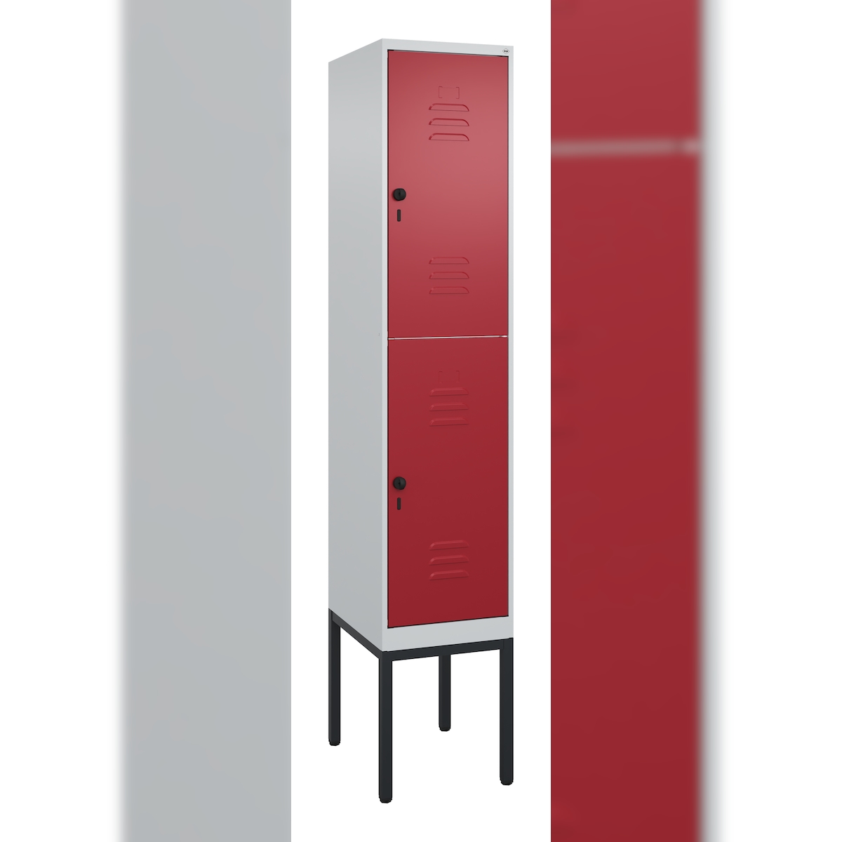 C+P Spind Classic PLUS, Gestell, 2 Abteile, HxBxT 212x40x50cm, Sicherheitsdrehriegel, Hellgrau/Rubinrot von PROREGAL Image
