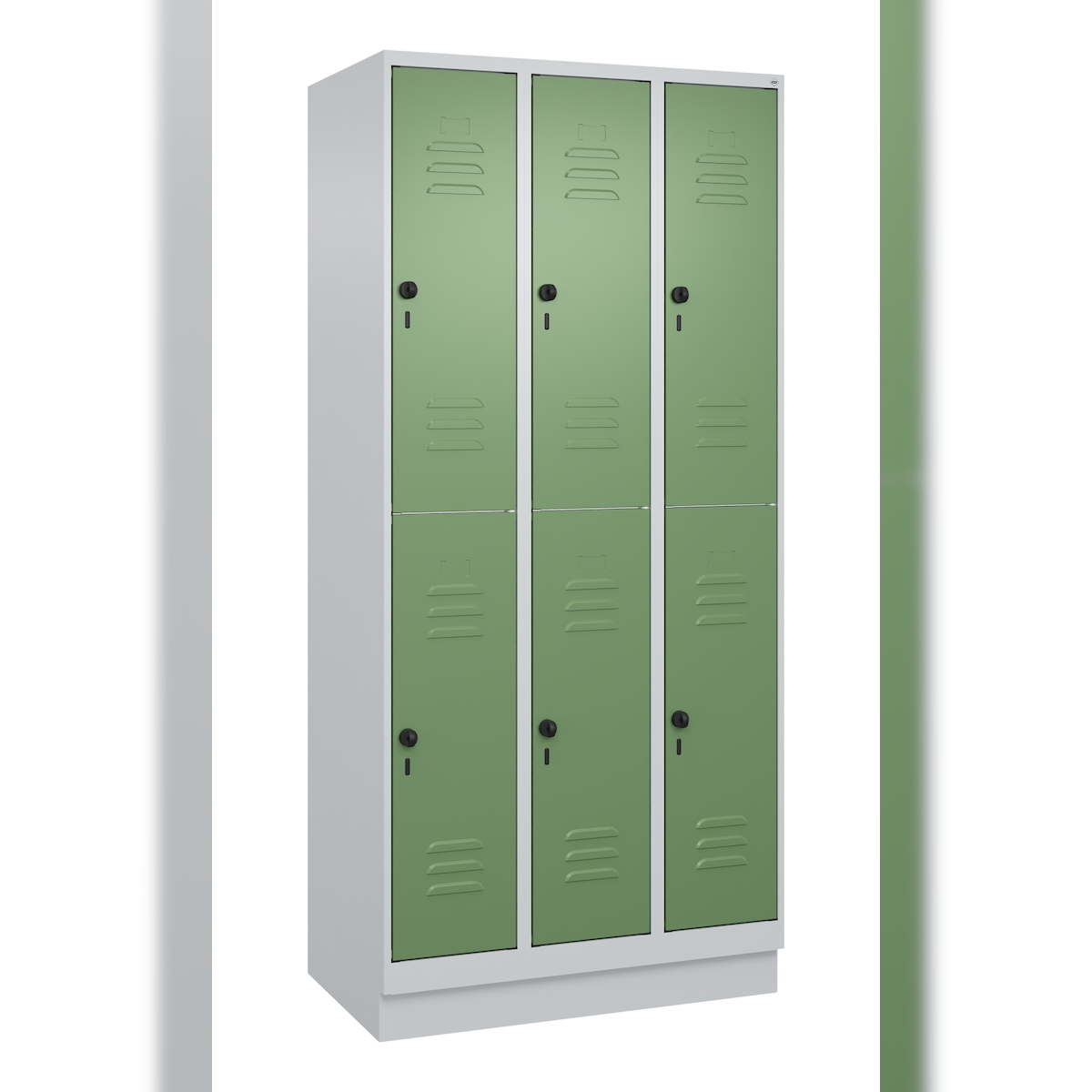 C+P Spind Classic PLUS, Sockel, 6 Abteile, HxBxT 195x90x50cm, Sicherheitsdrehriegel, Hellgrau/Resedagrün von PROREGAL Image