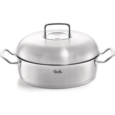Servierpfanne FISSLER "ORIGINAL-PROFI COLLECTION Servierpfanne mit Hochraumdeckel", silber (silberfarben), Ø:28cm, Pfannen, mit breitem Schüttrand, Kaltmetallgriffen. Made in Germany Image