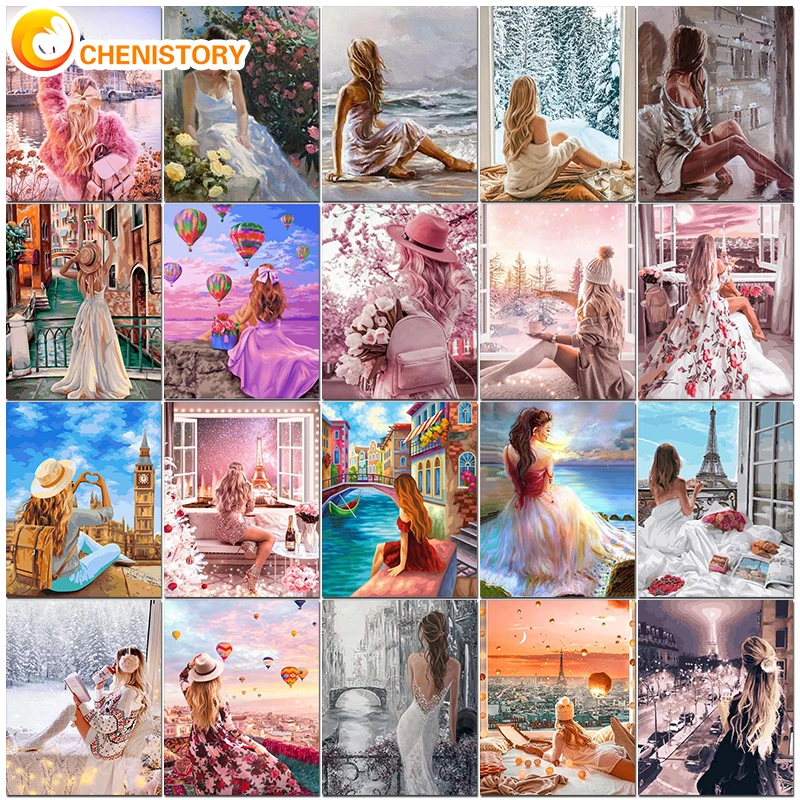 CHENISTORY peinture acrylique bricolage peinture par numéros Kits artisanat peinture par numéros neige fenêtre paysage fille coloriage par numéros