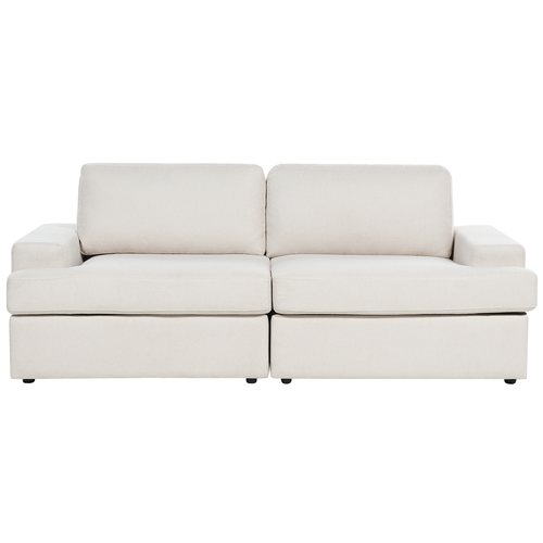 3-Sitzer Sofa Hellbeige Stoffbezug Breite Armlehnen Sitzfläche Dicke Sitzkissen Retro Stil Wohnzimmer Ausstattung Polstersofa Stoffsofa Sitzmöbel