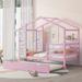 Twin/Full Size Wood House Bed with Trundle and Writing Board, Twin/Full Size Platform Bed Frame with Fence and Roof for Kids