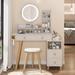 Round Mirror Vanity Set,Bedside Cabinet Vanity Table and Cushioned Stool With 2 AC Power,2 USB socket and 17" LED Mirror
