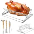 Ghojet Turkey Roasting Rack Adjustable BBQ Rib Rack Stainless Steel Turkey Roaster Rack Portable Rectangular Roasting Racks with Wooden Handled Grill Fork Spatula Food Tong for Oven Grill