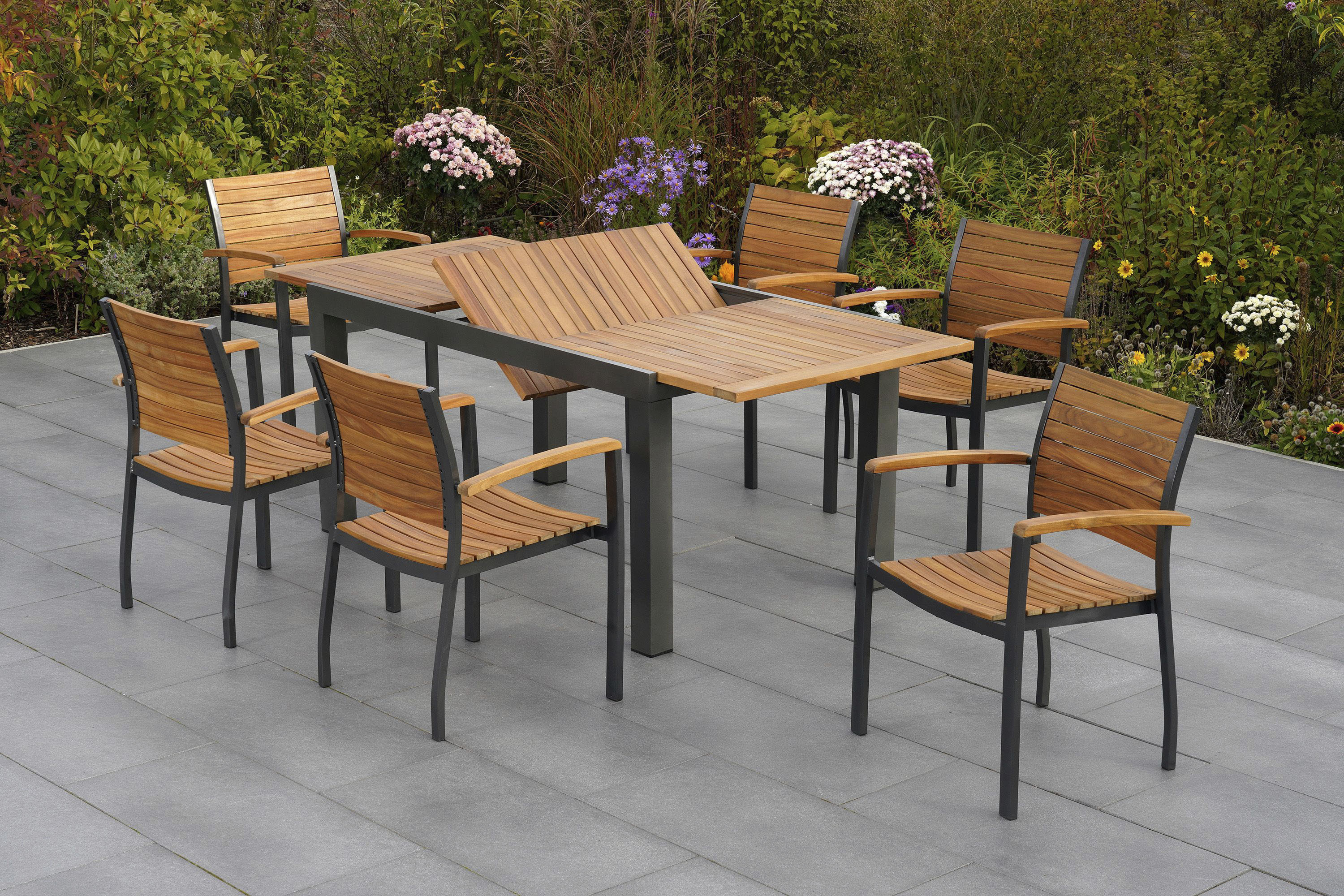 Garten-Essgruppe MERXX "Santorin", grau (graphit, natur,), Aluminium, Massivholz, Sitzmöbel-Sets