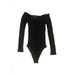 Shein Bodysuit: V-Neck Off Shoulder Black Solid Tops - Women's Size Small