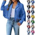 BAWUTZ Women's fringe tassel jacket lapels, long sleeve transition jacket, short fringe jacket, elegant denim jacket, jeans jacket, vintage faux leather jacket, denim coat (Hellblau,3XL)