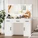 Gracie Oaks Jazen Makeup Vanity Desk w/ Large Lighted Mirror, Vanity Table w/ Charging Station in Brown/White | 53.3 H x 43.3 W x 15.7 D in | Wayfair