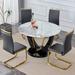 1 table and 4 chairs.stone burning tabletop with black MDF legs. Paired with 4 chairs with PU cushions and golden legs