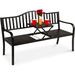 Outdoor Garden Bench with Pullout Middle Table Double Seat Steel Metal for Patio Porch Backyard w/Weather- Resistant Frame 600lb Weight Capacity - Black