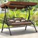 3-Seat Outdoor Patio Swing Chair Large Converting Canopy Porch Swing Glider Hammock Lounge Chair for Porch Rattan Wicker Steel Frame Cushion & Pillow Brown