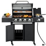 Haverchair 4-Burner Gas Grill Propane with Side Burner 50 000 BTU Outdoor BBQ Propane Gas Grill Cart Barbecue Grill for Patio Garden Picnic Backyard Cooking Camping Black