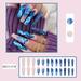 BEBUTTON 24pcs Nail Tips Press on Nails Long Square Fake Nails Dyed Print for Women Girls Kiss Impress Nails Glossy and Nail Glue Blue