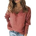 CBLdF Women'S Jumper Women Autumn Winter Loose V-neck Long Sleeved T-shirt Knitted Basic Bottoming Sweater Oversized Soft Elastic Pullover-red1-xl