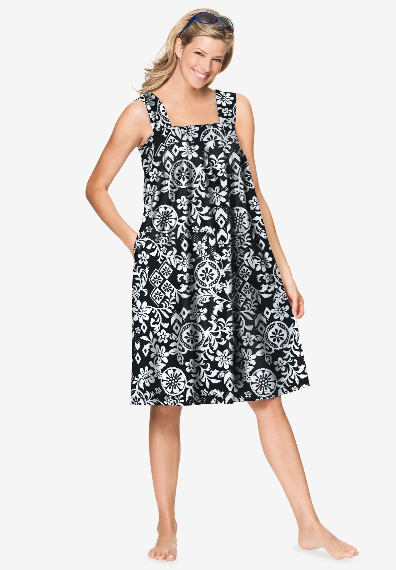 Plus Size Women's Print Sleeveless Square Neck Lounger by Dreams & Co. in Black Floral Scroll (Size L)