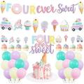 Four Ever Sweet Ice Cream Donut Birthday Party Decorations Four Ever Sweet Party Banner Cake Cupcake Toppers Macaron Balloons for Kids Ice Cream 4th Birthday Party Girls Donut 4th Birthday Party