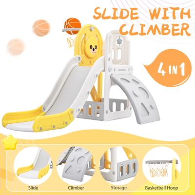 Toddler Climber and Slide Set 4 in 1, Kids Playground Climber Slide Playset with Basketball Hoop Play Combination