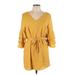 Olivaceous Casual Dress - Shift V Neck 3/4 sleeves: Yellow Solid Dresses - Women's Size Large