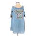 Umgee Casual Dress - Shift Boatneck 3/4 sleeves: Blue Print Dresses - Women's Size Small