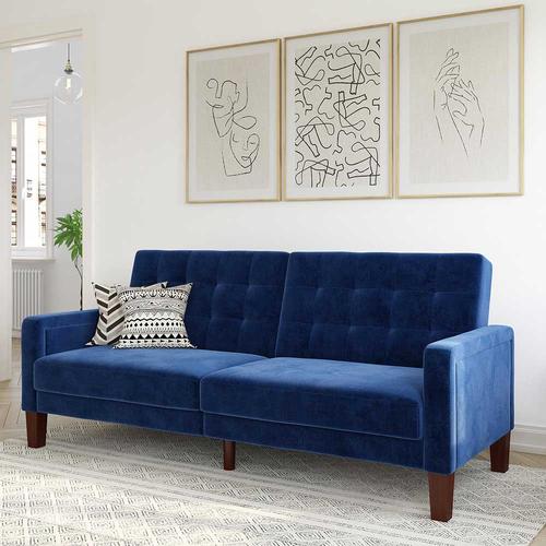 Zweisitzer Schlafsofa Samt in Blau Rücken Klappmechanik