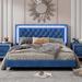 Modern Velvet Queen Size Upholstered Platform Bed Frame with LED Lights and Crystal Tufted Headboard