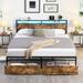 Heavy-duty Metal Slats Support Bed Frame Brown Storage Headboard Shelves with Charging Station LED Lights Strips, 2 Drawers