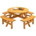 8 Person Wooden Picnic Table,Outdoor Round Picnic Table with 4 Built-in Benches & Umbrella Hole,500lbs Capacity Per Bench