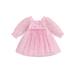 Wassery Kids Girl Princess Dress 6M 12M 18M 24M 3T 4T Toddler Baby Girls Heart Print Long Sleeve Square Neck Tulle Mini Dress Little Girl Party Casual Dress