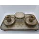 Vintage dressing table set, glass tray, lidded dish & candle sticks, vintage dressing room and bedroom decor