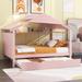 Twin/Full House Bed with Twin Size Trundle, Solid Wood Kids Platform Bed Frame with Storage Shelf and Roof Design for Boys Girls